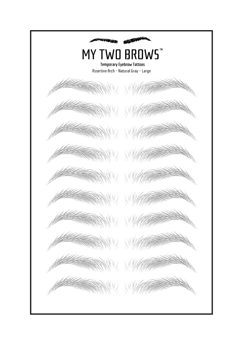 (10 pairs) Natural Gray Temporary Eyebrow Tattoo - Large Size - Waterproof & Smudgeproof - Assertive Arch Style Eyebrow Stickers - Sheet Lasts up to 30 Days - Won't Work on Existing Brows