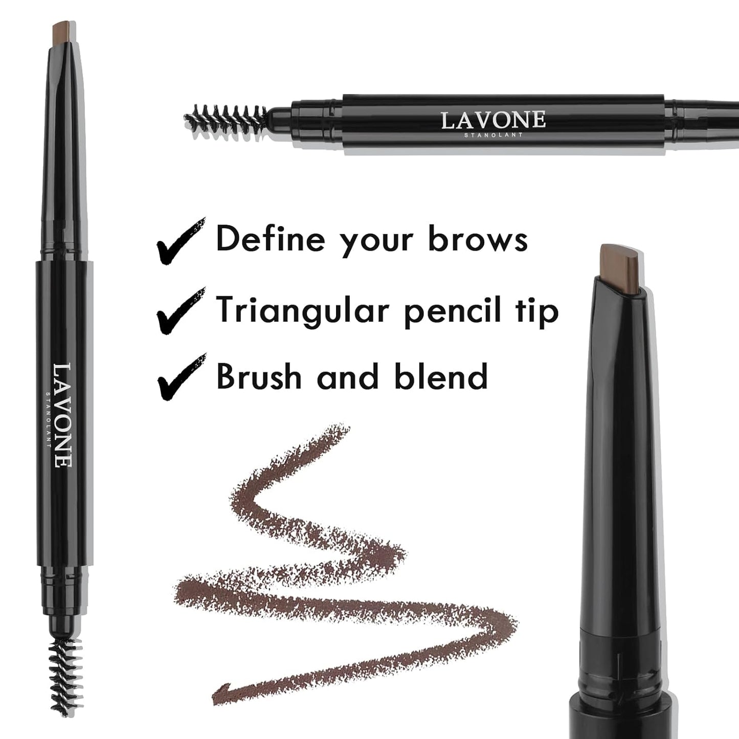 LAVONE Eyebrow Stamp Stencil Kit for Eyebrows, Brow Stamp Trio Kit with Waterproof Eyebrow Pencil, Eyebrow Pomade, 20 Eyebrow Stencils, Dual-ended Eyebrow Brush and Sponge Applicator - Ebony