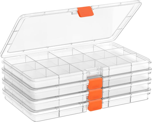 4PACK Extra Thick Bead Organizers and Storage Box, 15 Grid Mini Clear Jewelry Making Storage Solutions Plastic Organizer Case Craft Containers for Nail Rhinestones DIY Diamond Accessories