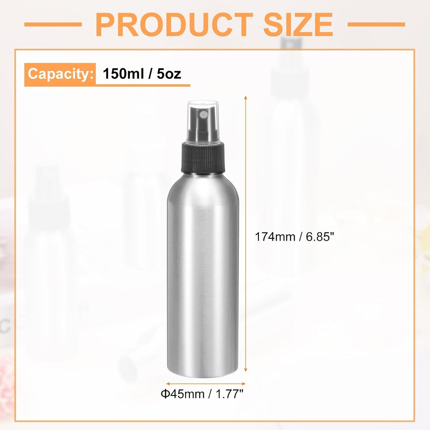 HARFINGTON Aluminum Fine Mist Spray Bottles 150ml/5oz Metal Small Liquid Alcohol Refillable Travel Container with Black Plastic Nozzle Cap for Perfume Skincare Cosmetic Storage Bottle