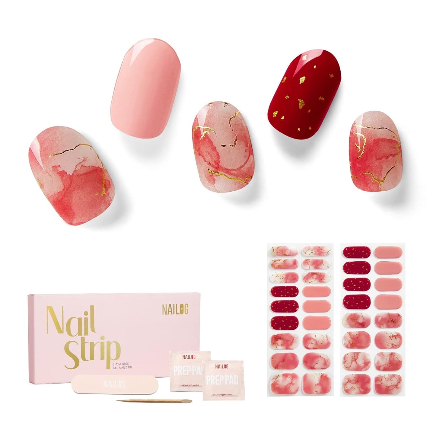 Nailog Semi Cured Gel Nail Strips 34 pcs | Long Lasting Nail Polish Sticker Wraps with Glossy Gel Finish | Rose Cloud