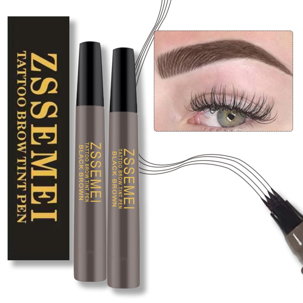 Waterproof Eyebrow Pen - Microblading Tattoo Brow Pencil, 24 Hours Long Lasting, Creates Natural Looking (Black Brown - 2 PCS)