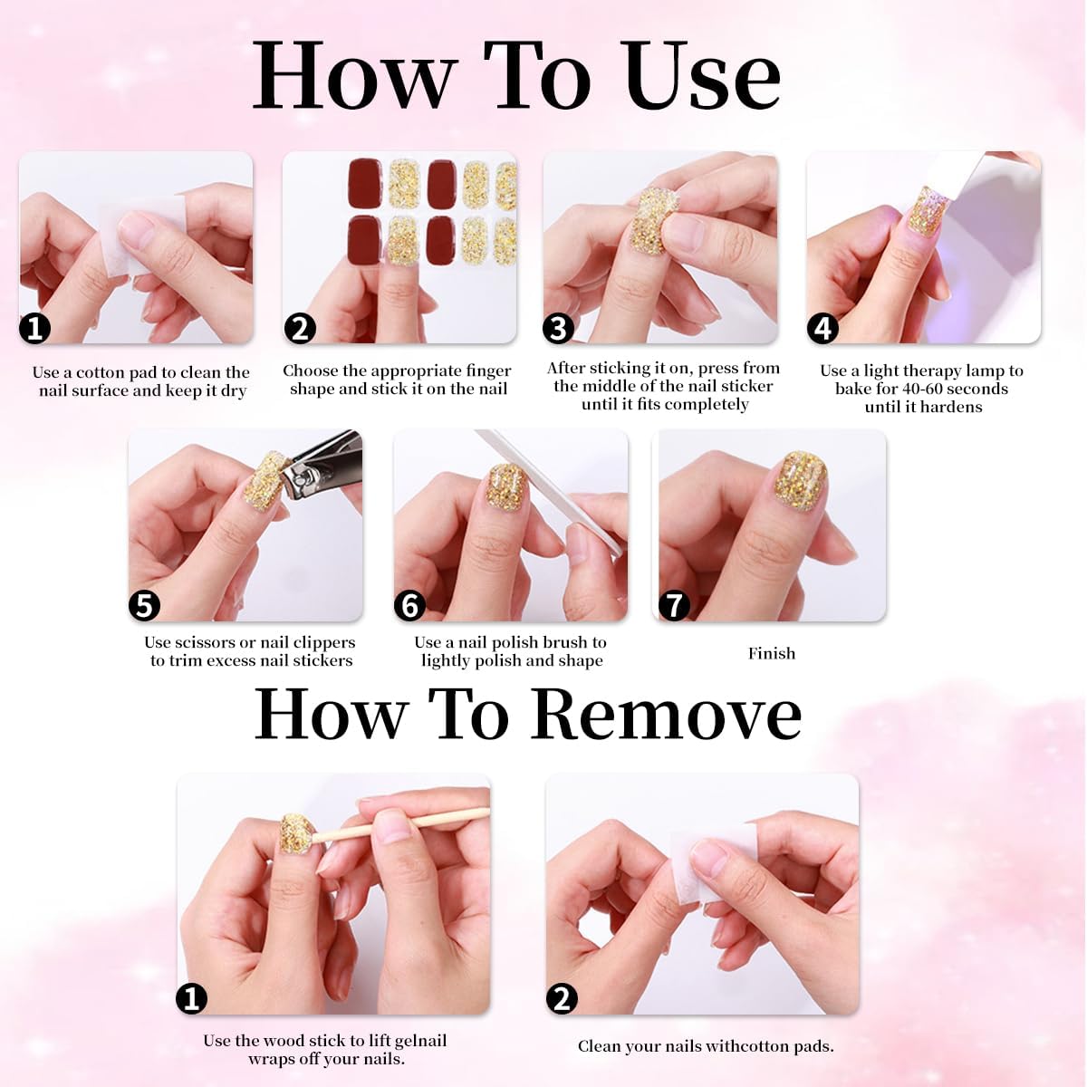 Semi Cured Gel Nail Stickers Decals Solid Color Gel Polish Strips Set Pink Self-Adhesive Design Real Nail Strips for Women DIY Waterproof Manicure Kit Party Nails Decoration 1 Sheets