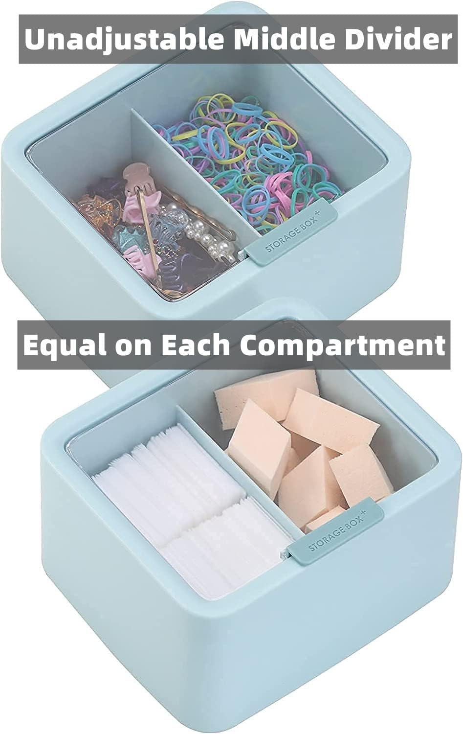 Tecbeauty 2pcs Qtips Holder - Middle Divider Cotton Pads Storage Dispenser Bathroom Organizer with Clear Hinged Lids for Cotton Balls Swabs Rounds - Blue & Pink
