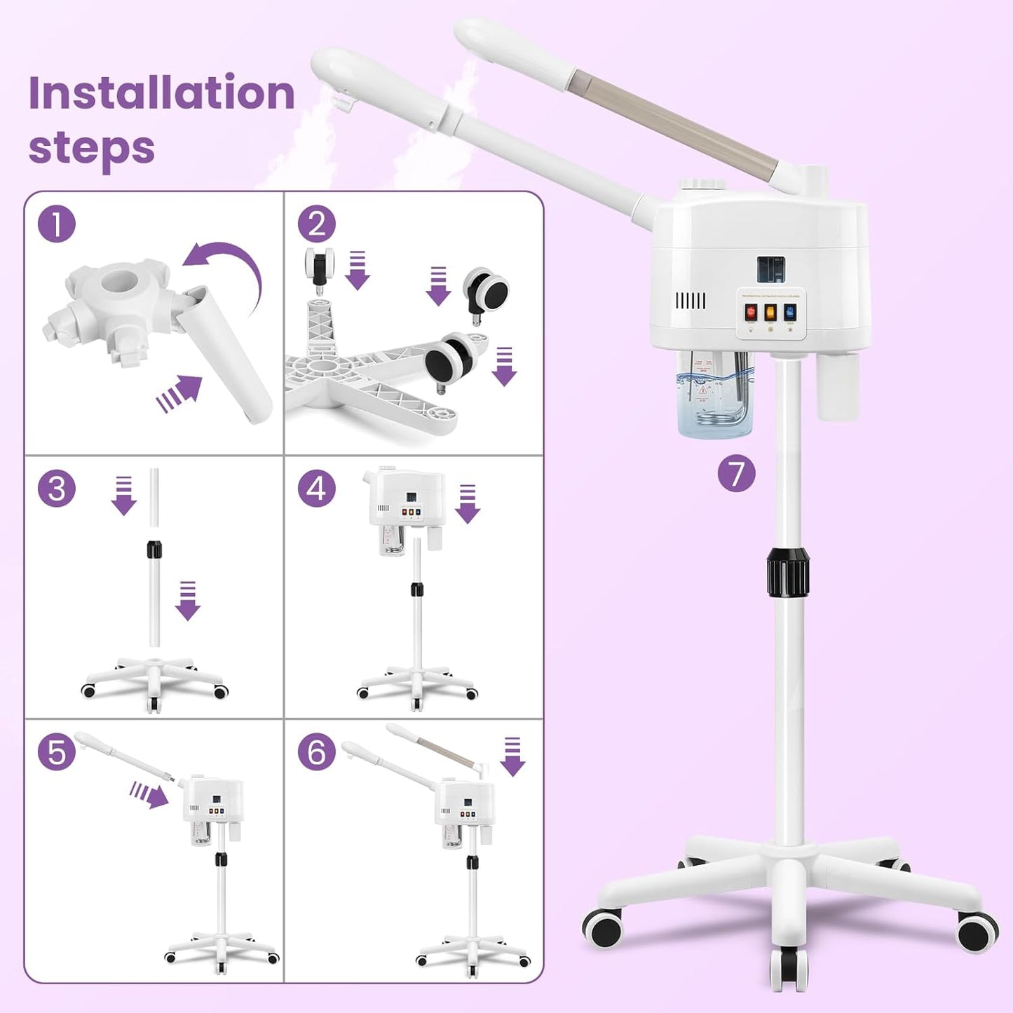 Professional Facial Steamer, 2 in 1 Facial Steamer for Cold Mist & Hot Mist & Timer Function, Stand Face Steamer Adjustable Height for Spa, Salon and at Home use