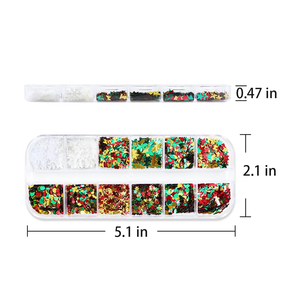 12 Grids Christmas Nail Art Sequins 3D Holographic Laser Snowflake Star Butterfly Winter Holiday Nail Glitters Red Green White Gold Nail Sparkly Flakes Nail Charms for DIY Christmas Nail Designs