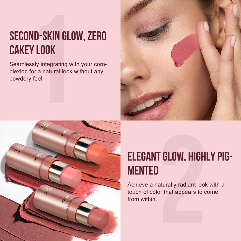 Multi-Use Makeup Cream Blush Stick, Unidollss 3-in-1 Buildable Powder Blush Stick for Cheeks, Eyes, and Lips, Hydrating formula, All day wear, Easy Application with Thumb Puff Included (04 FLIRT)