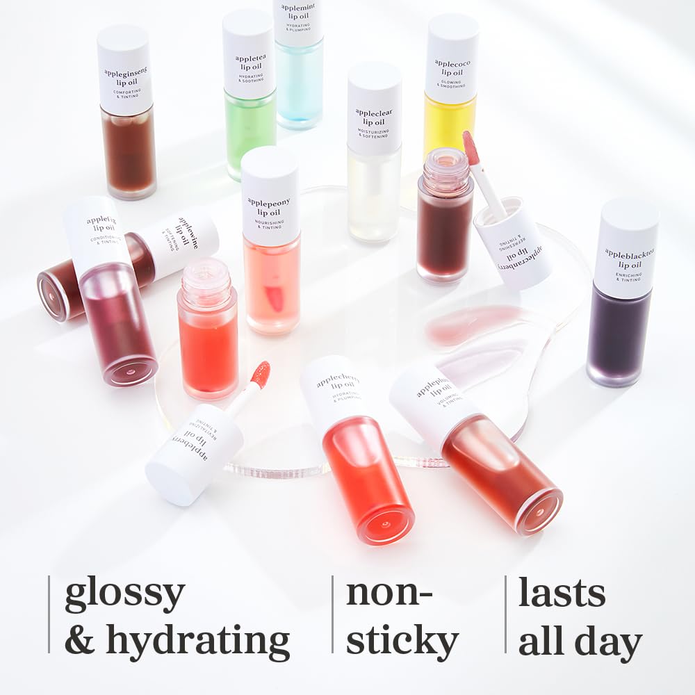 NOONI Korean Lip Oil - Applecherry | Long-Lasting, Moisturizing, Plumping, Revitalizing for Dry Lips, Waterproof, No Peel Off, Hydrating, Nourishing Crystal Clear, 0.12 FL Oz