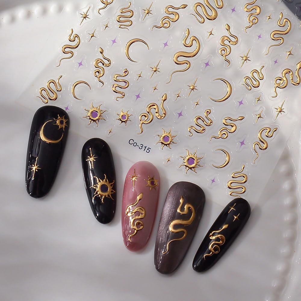 Gold Snake Nail Art Stickers 5D Embossed Moon Star Nail Stickers, Self-Adhesive Durable Nail Art Decals for Women Girls, Nail Wraps Decoration Manicure for DIY Acrylic Nail Accessories