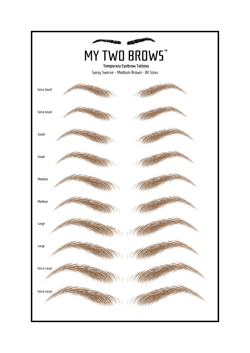 (10 pairs) Medium Brown Temporary Eyebrow Tattoo - Medium Size - Waterproof & Smudgeproof - Sassy Swerve Style Eyebrow Stickers - Sheet Lasts up to 30 Days - Won't Work on Existing Brows