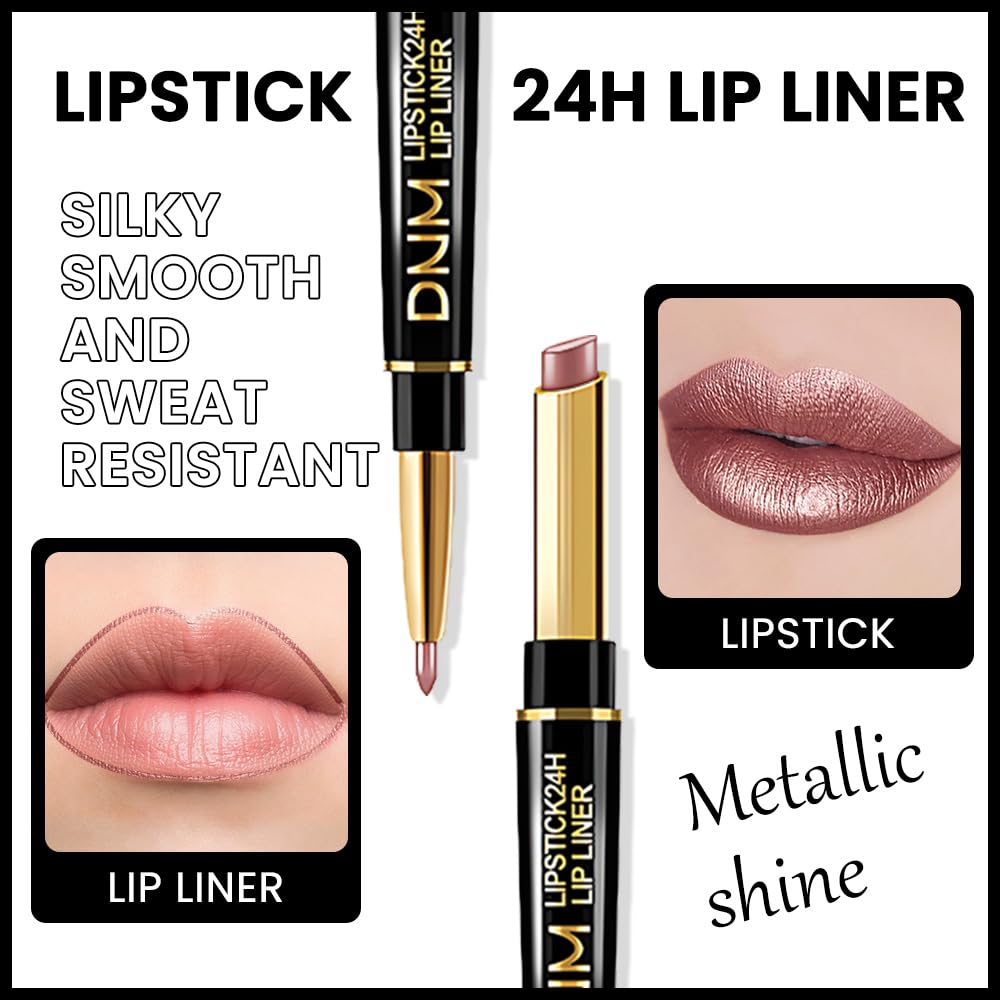 evpct 1Pcs Nude Brown Metallic Shine Shimmer Lip Liner and Lipstick Combo Set Kit for Women, Lightweight Hydrating Formula High Impact Full Coverage Lipstick and Lip Liner Makeup Gloss, 18#