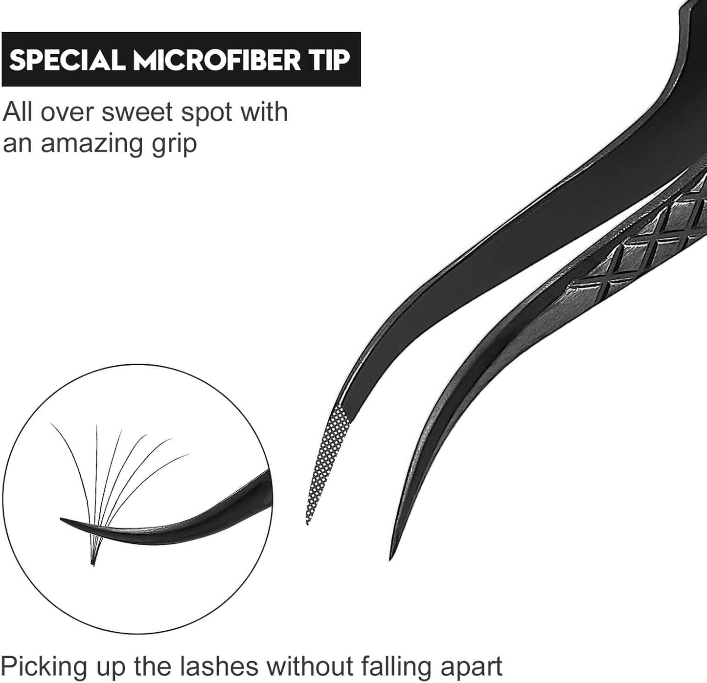 Ms.Queen Eyelash Extension Tweezers,Microfiber Tip Curved Lash Tweezers for Volume, Isolation& Classic Lashes Extensions,Black