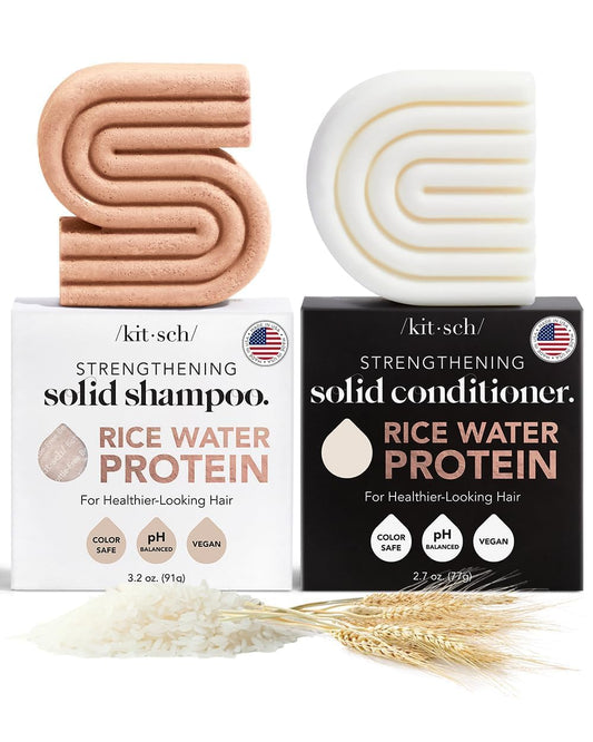 Kitsch Rice Water Shampoo & Conditioner Set – Solid Shampoo & Conditioner Bar with Protein for Hair Growth, Strengthening Hair & Damage Repair – Paraben, Sulfate & Silicone Free – 2 Pack