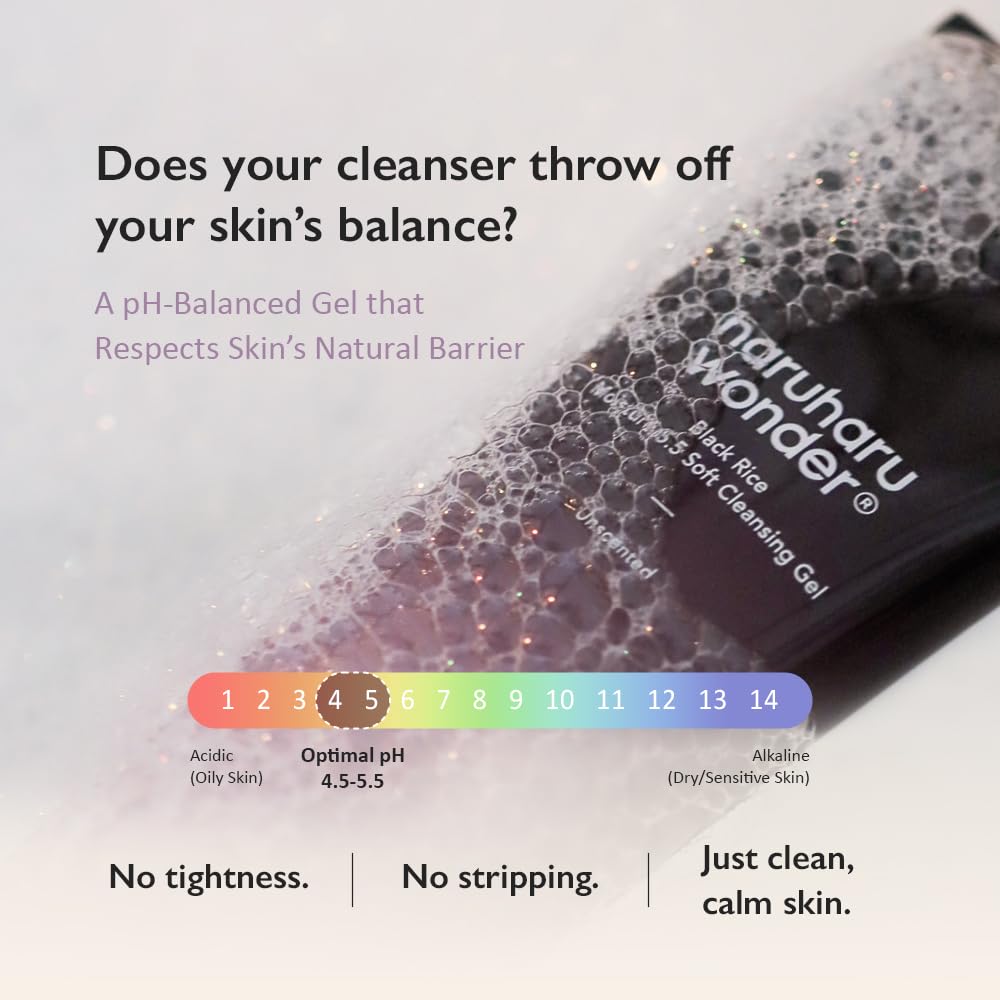 haruharu wonder Black Rice Moisture 5.5 Soft Cleansing Gel, 3.4 fl.oz, Gentle Face Wash for Dry to Normal Skin, Low 5.5pH, Soap Free, Hydrating, Fragrance Free, Daily Use, Korean Skincare