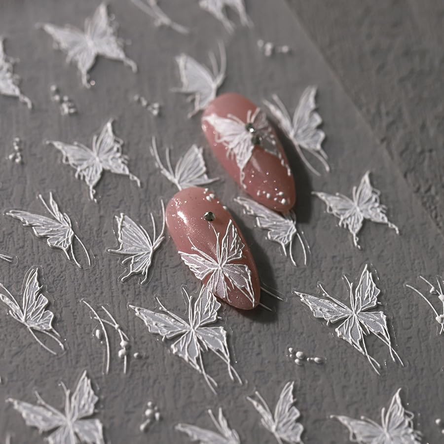 Butterfly Nail Stickers 5D Embossed Nail Art Decals Self-Adhesive White Butterfly Nail Stickers for Nail Art DIY Nail Art Decorations Supplies for Women (1, White Butterfly)