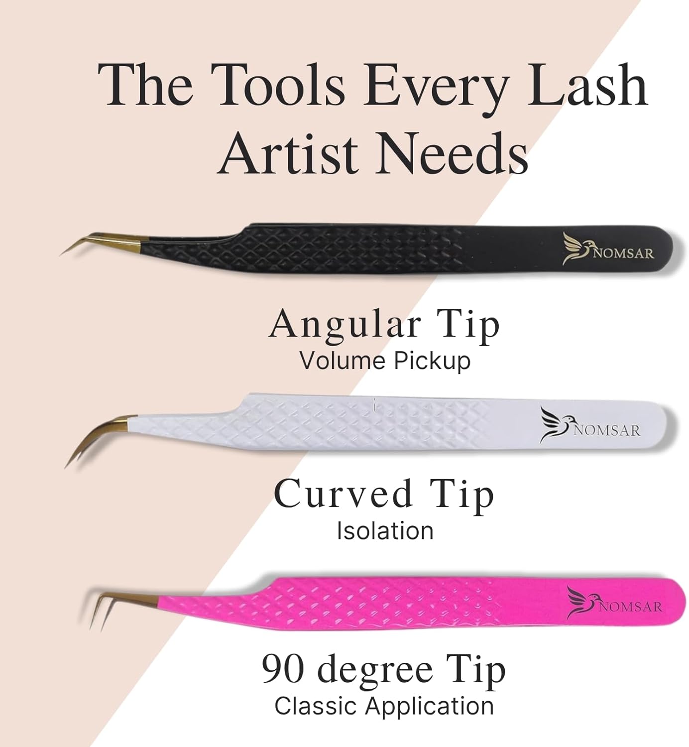 Eyelash Extensions Tweezers, Set of 3 - Stainless Steel with Diamond Grip for Volume lash Extension - Fiber Tip Tweezers for Multipurpose & Application (Light Green)