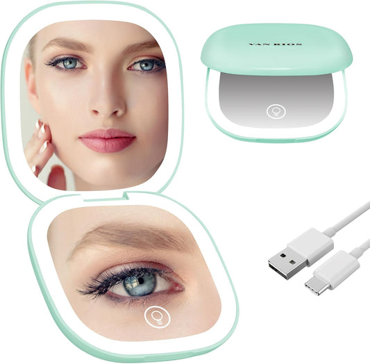 Portable Compact Mirror with Lights,15X Magnifying Pocket Mirror for Purse, Dual LED Travel Mirror with 3 Color Modes, Auto Shut-Off, Small Mirror Compact, Perfect Makeup Travel Essential