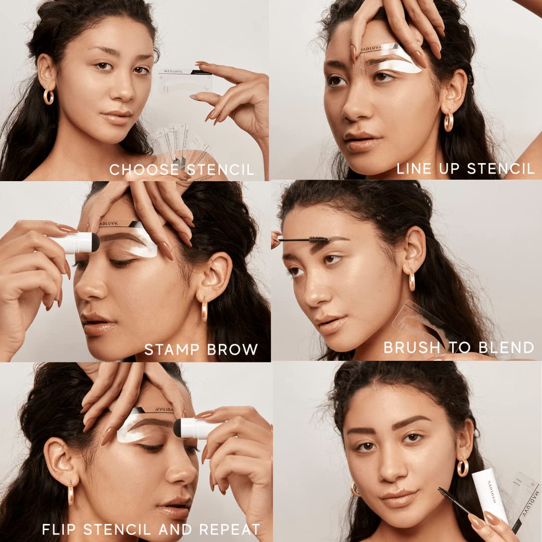 MADLUVV Brow Stamp Kit with Brow Stencils – Easy Eyebrow Shaper for Natural-Looking Brows – Popular Eyebrow Stencil Kit Used by Professionals – 9 Shapes, Spoolie, Travel Bag & Stamp (True Red)
