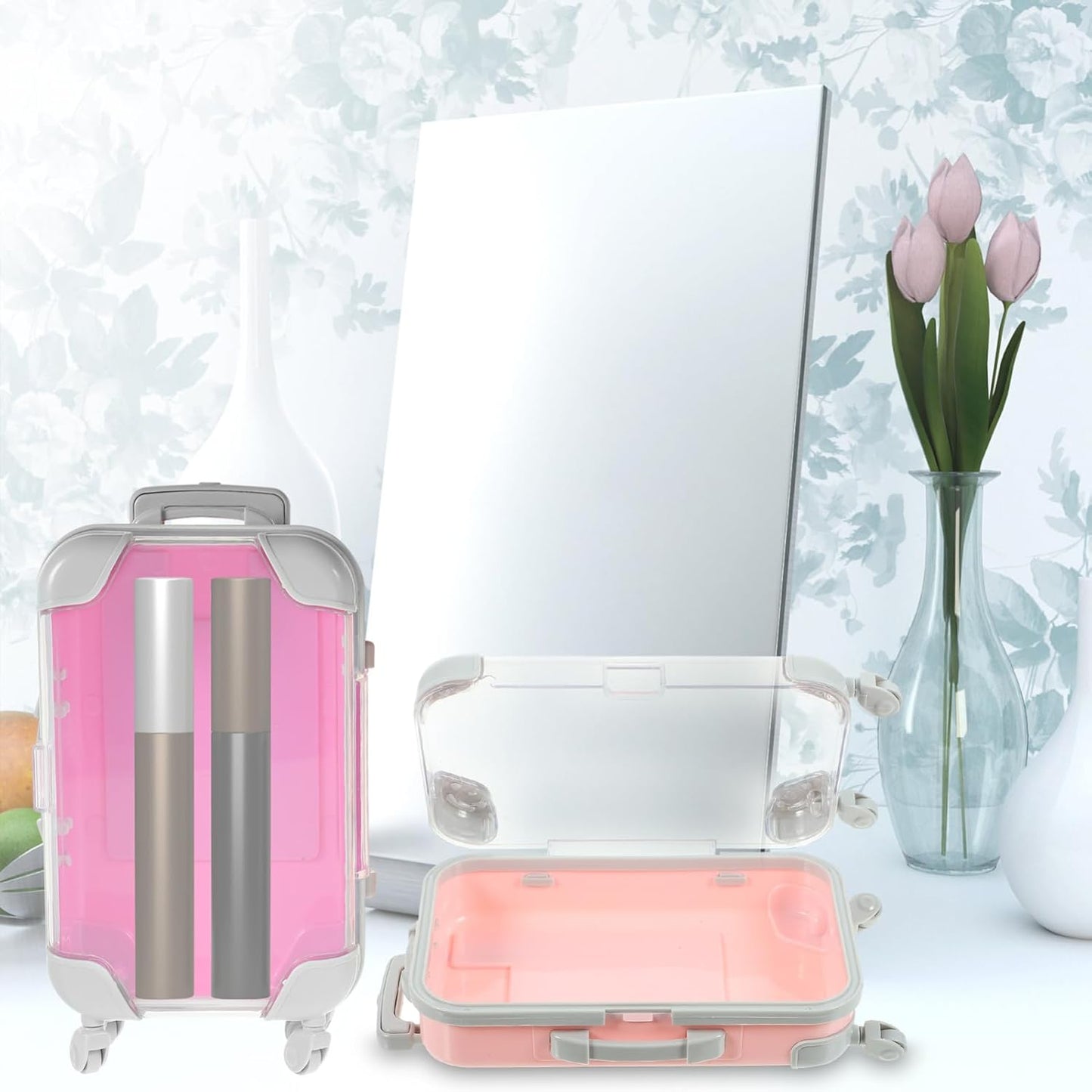 4pcs Simulation Suitcase Makeup Box, Portable False Eyelashes Storage Box, Travel Makeup Carrying Case, Pink & Rose Red, 6.49 x 3.34 x 1.96 Inch