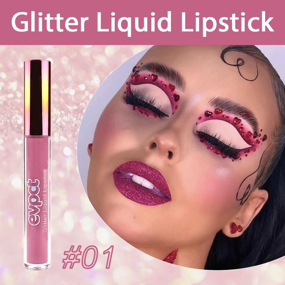 evpct 1Pcs Mauve Matte to Glitter Liquid Lipstick Lip Set Kit, Long Lasting Matte Diamond Glitter Lipstick Waterproof, Colorful Sparkly Glossy Metallic Shimmer Sparkle Lip Gloss for Women 01#