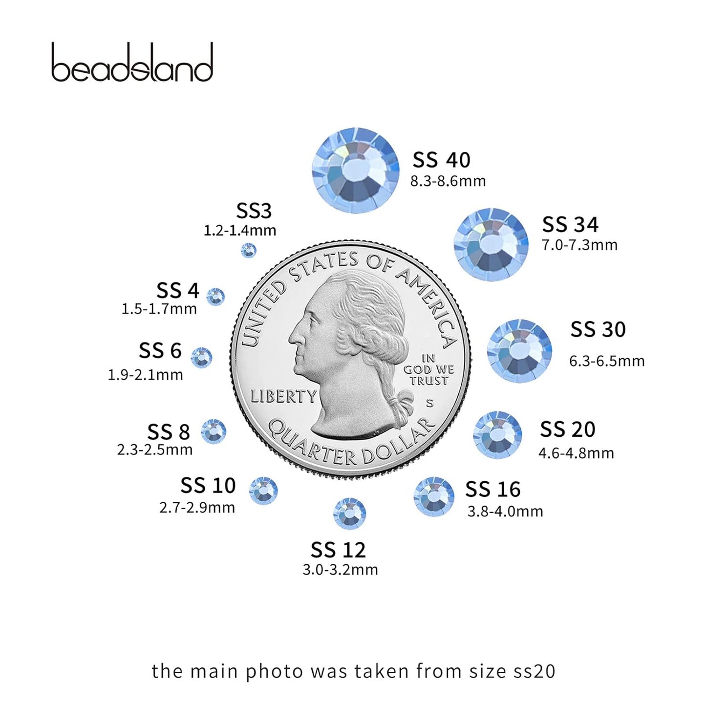 beadsland Flat Back Crystal Rhinestones Round Gems for Nail Art and Craft Glue Fix,Light Blue (6.4-6.6mm) SS30/288pcs