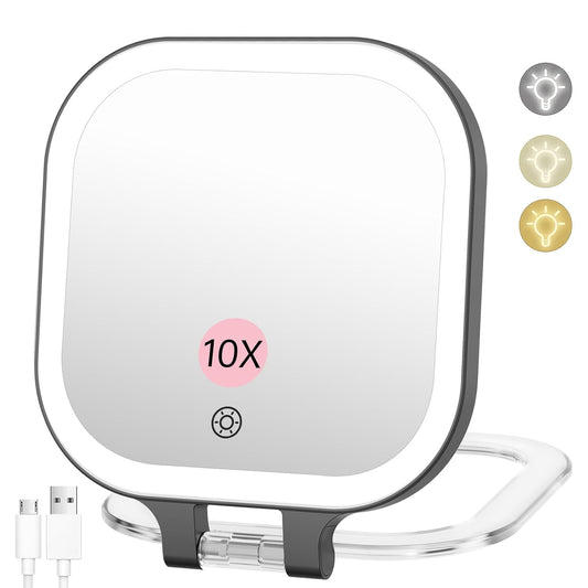 FASCINATE 10X Magnification Rechargeable Travel Makeup Mirror, 7" Lighted Portable Vanity Mirror with 3 Colors Lighting & Stepless Dimming, Double Sided LED Mirror, Gift for Women (Black)