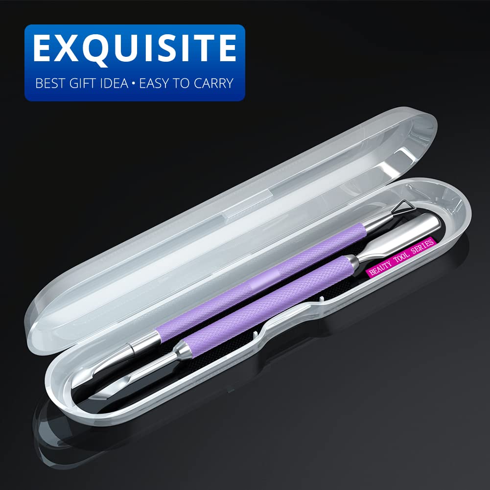 2PCS Metal Lavender/Taro Purple Cuticle Pusher and Cutter Remover Salon Quality Stainless Steel Gel Nail Polish Peeler Scraper Durable Manicure and Pedicure Cleaner Tool For Fingernail and Toenail