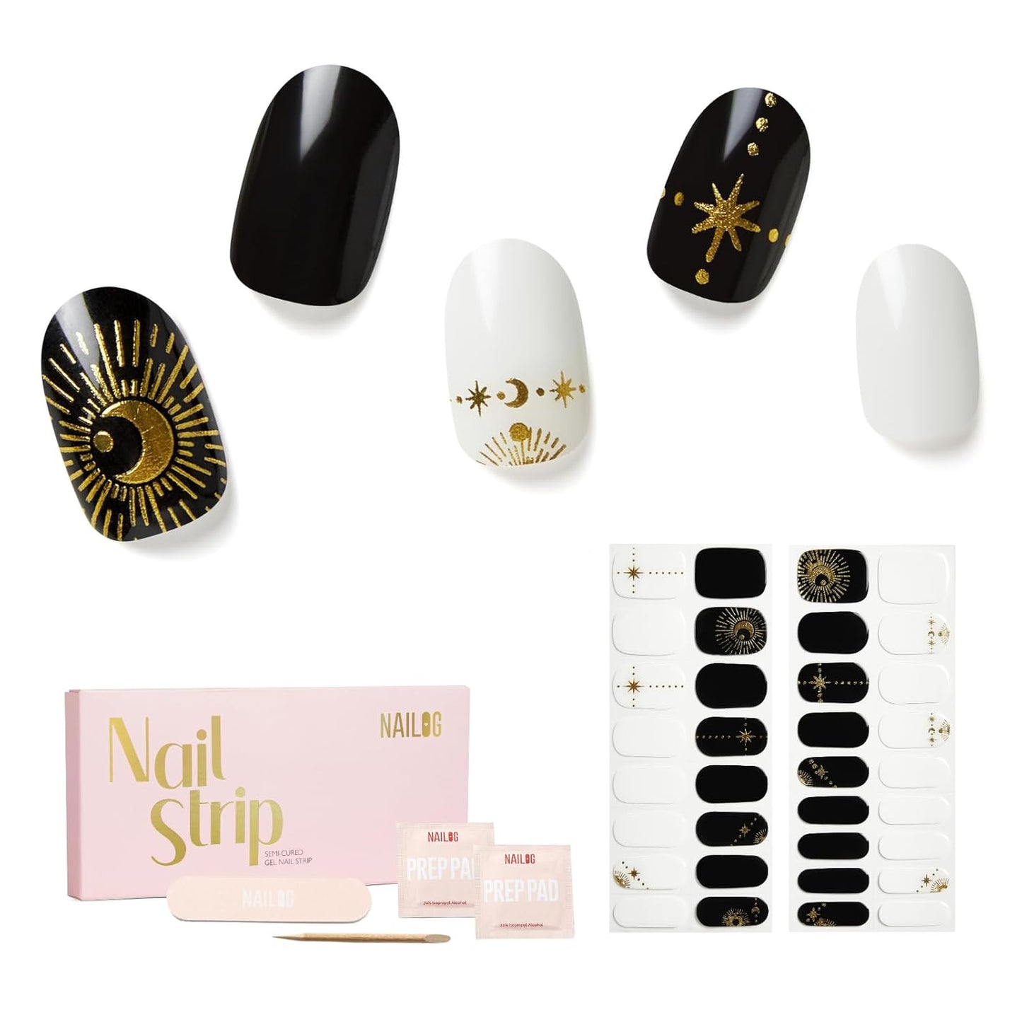 Semi Cured Gel Nail Strips - NAILOG 34 Pcs Gel Nail Stickers Buy 2 Get 1 UV Light | Long Lasting Nail Wraps with Glossy Gel Finish Black, Astral Glyphs