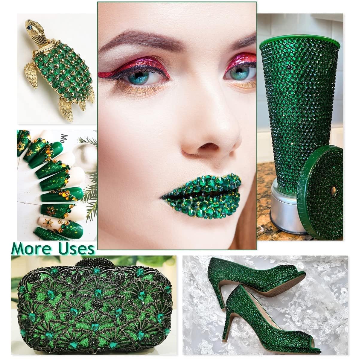 16000PCS Emerald Green AB Resin Rhinestones for Crafting 3mm 4mm 5mm Dark Green Flatback Jelly Stones Bulk SS10 SS16 SS20 Peacok Diamonds Gems for Nails Face Eyes Makeup Tumblers Bottles Crafts