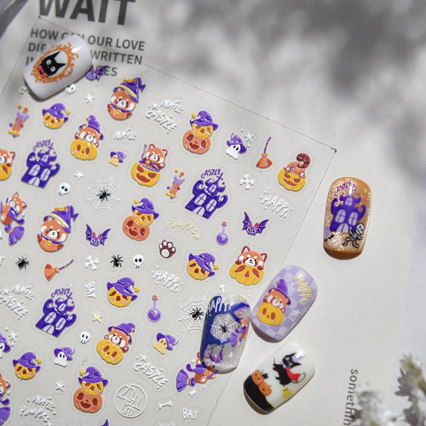 Halloween Nail Art Stickers 5D Self-Adhesive Embossed Nail Stickers Cute Pumpkin Nail Decals Haunted House Spider Web Nails Designs for Women Holiday DIY Manicure Decoration 1 Sheet