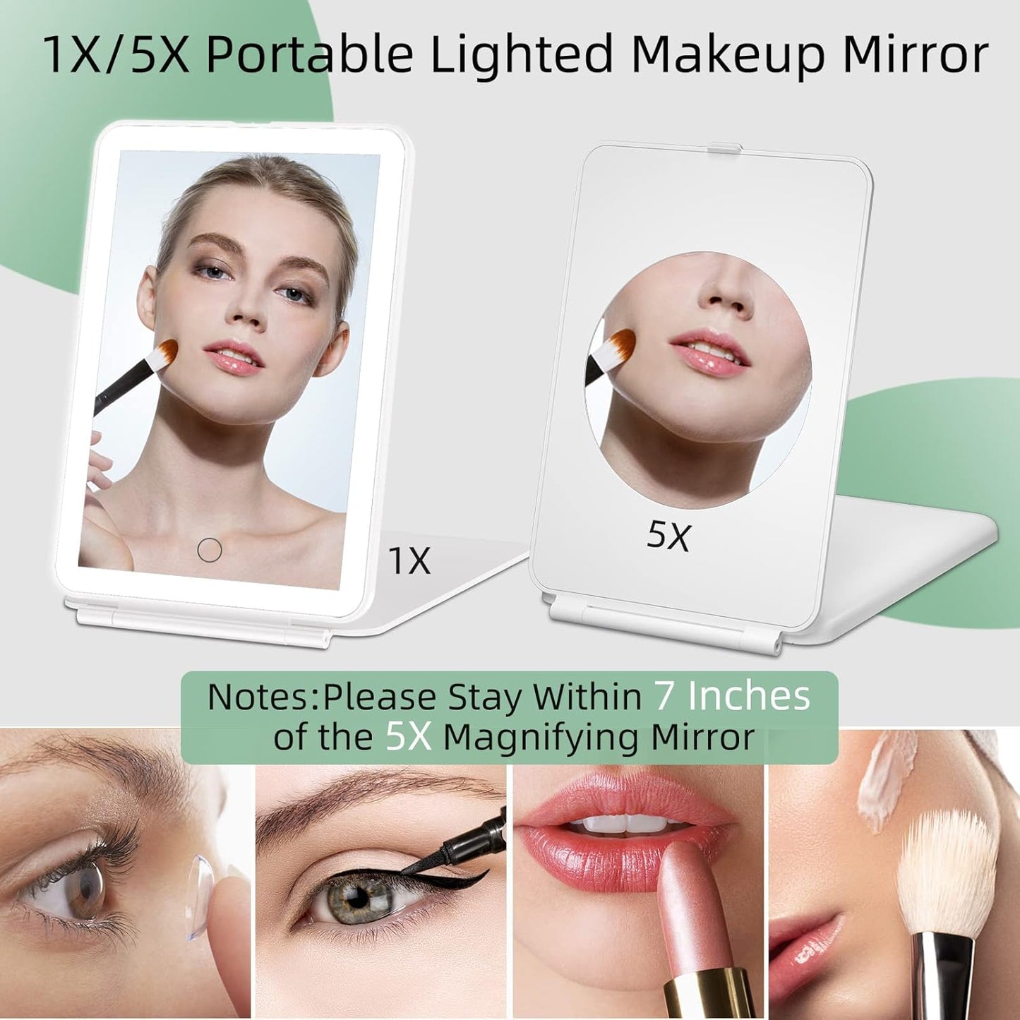 FUNTOUCH Rechargeable Portable Makeup Mirror with 72 LED Lights, Travel Lighted 1X/5X Magnification, 3 Color Lighting,Dimmable Touch Screen, Tabletop Folding Cosmetic Lights