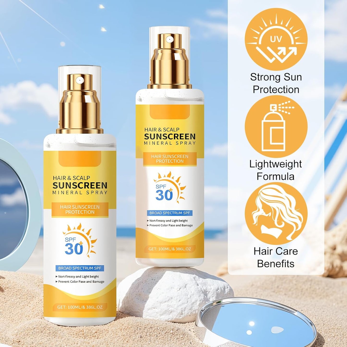 Ultimate Hair & Scalp Sunscreen Spray SPF 30, Weightless Non-Greasy Protection, UV Protection Spray for Color-Treated Hair, Scalp Sunblock Prevents Fading & Dryness, Beach & Pool Essentials (2PCS)