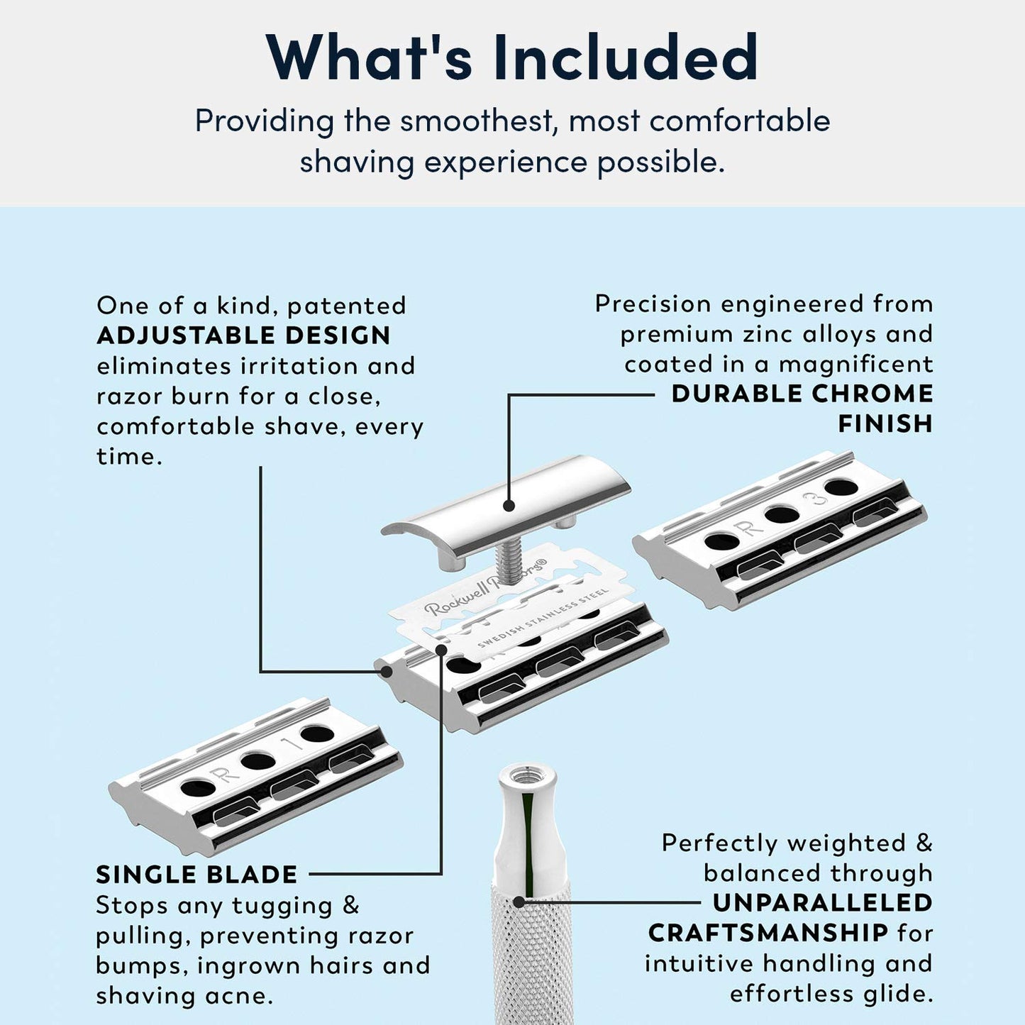 Rockwell 6C Shave Kit (White Chrome) | Includes Safety Razor with 6 Adjustable Settings, Shaving Cream, Synthetic Shave Brush, & 4 Month Supply Swedish Stainless Steel Razor (20 Blades), 4 Piece Set