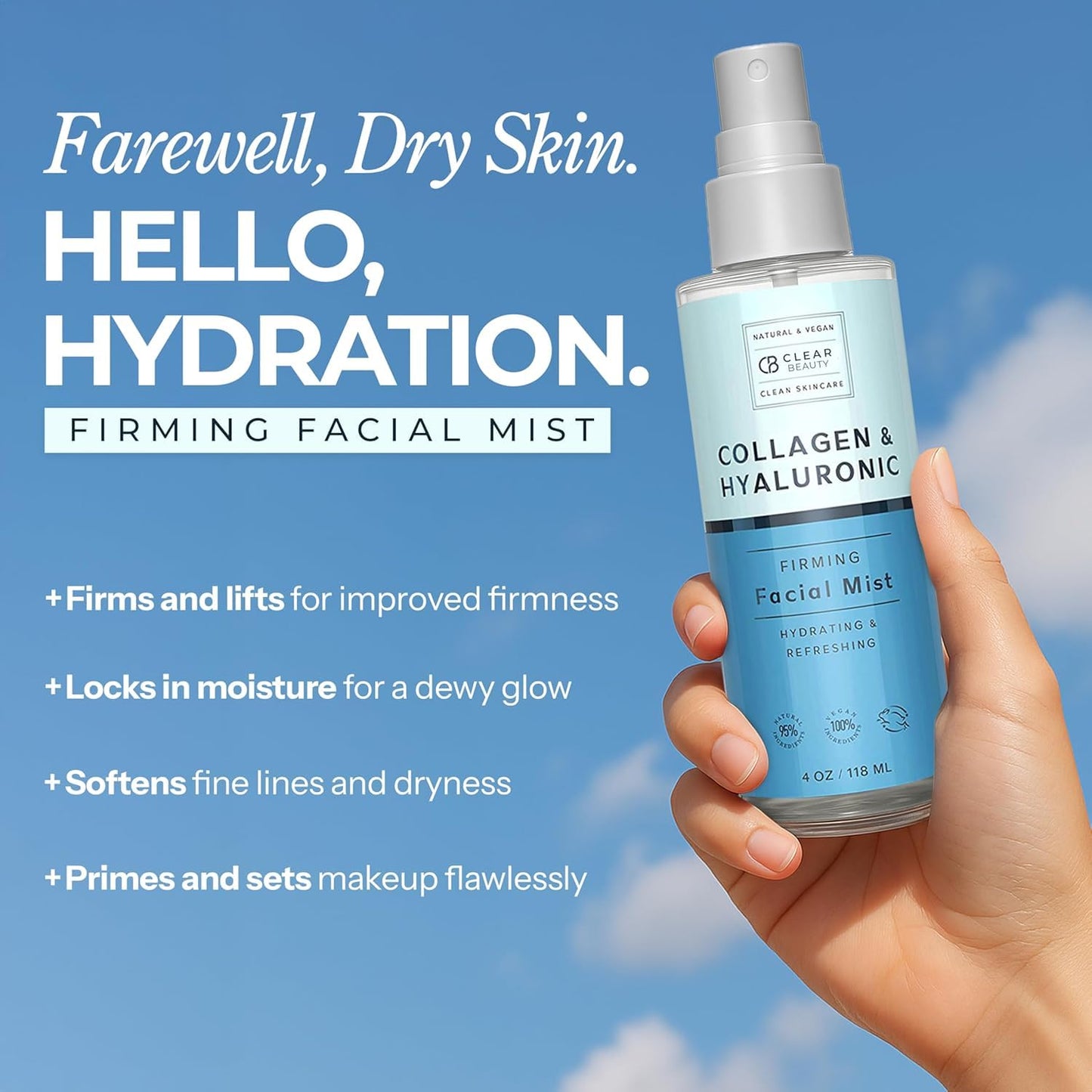 Hyaluronic Acid & Collagen Face Mist - Dermatologist Tested, Moisturizes & Tones Skin, Anti-Aging, Natural Ingredients, Cruelty-Free Korean Skin Care - All Skin Types - 4 OZ (2 Pack)