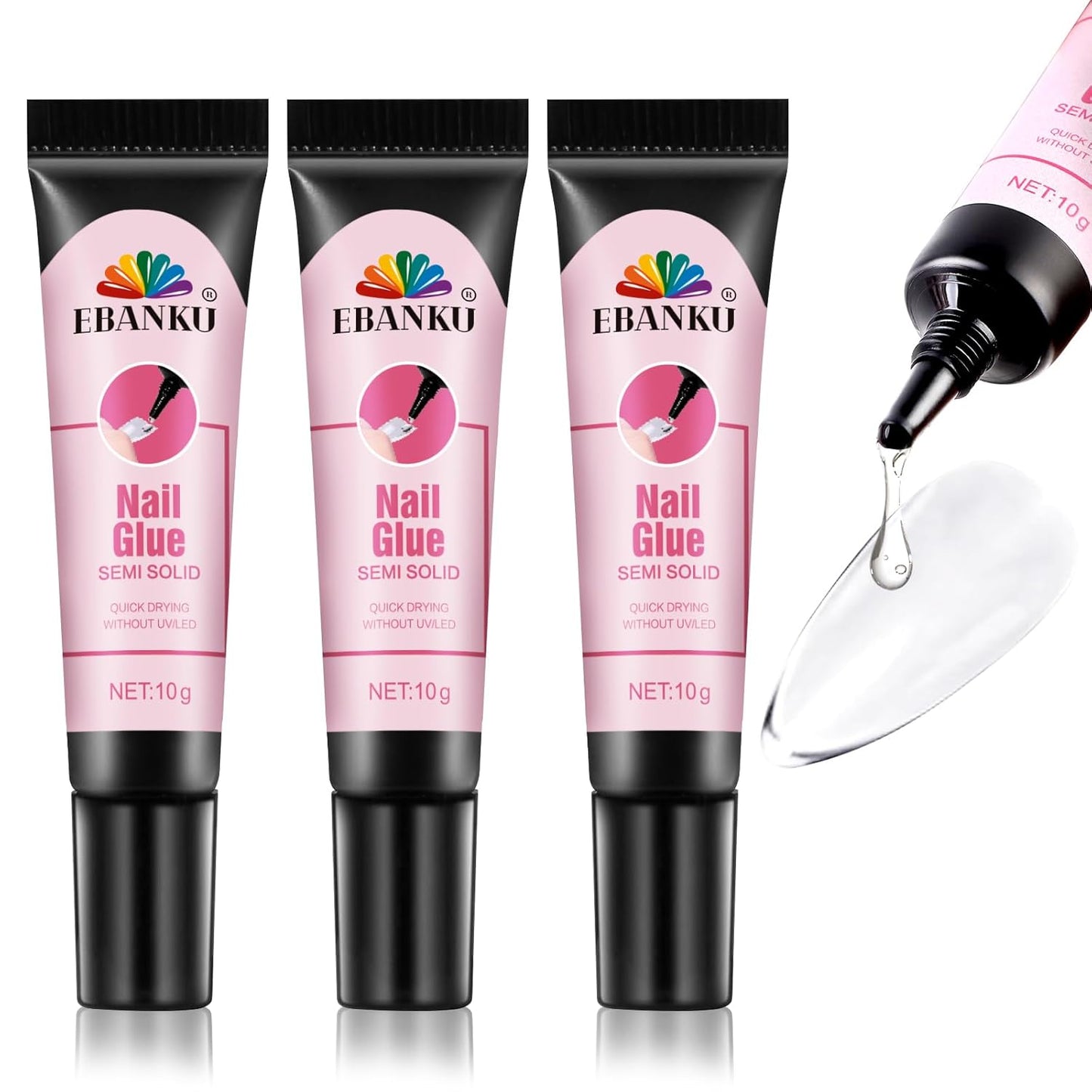 3PCS Quick Drying Solid Nail Glue for Press ons, EBANKU 30g Super Strong Glue Semi Solid Nail Gel Long Lasting Gel (No UV Lamp Needed)