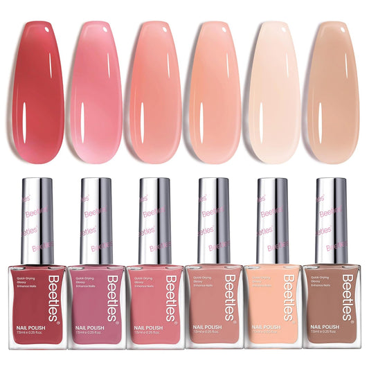 Beetles Jelly Nail Polish Set P186,6 Colors Burgundy Pink Nude Quick Dry Nail Polish Fingernail Fast Drying & Long Lasting Nail Strengthener Polish