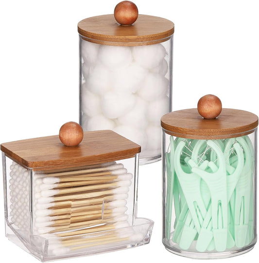 Tbestmax Qtips Holder Dispenser, 10/7 oz Cotton Ball/Swabs Storage Containers, Apothecary Jars for Bathroom Organizer Bambooo Lids
