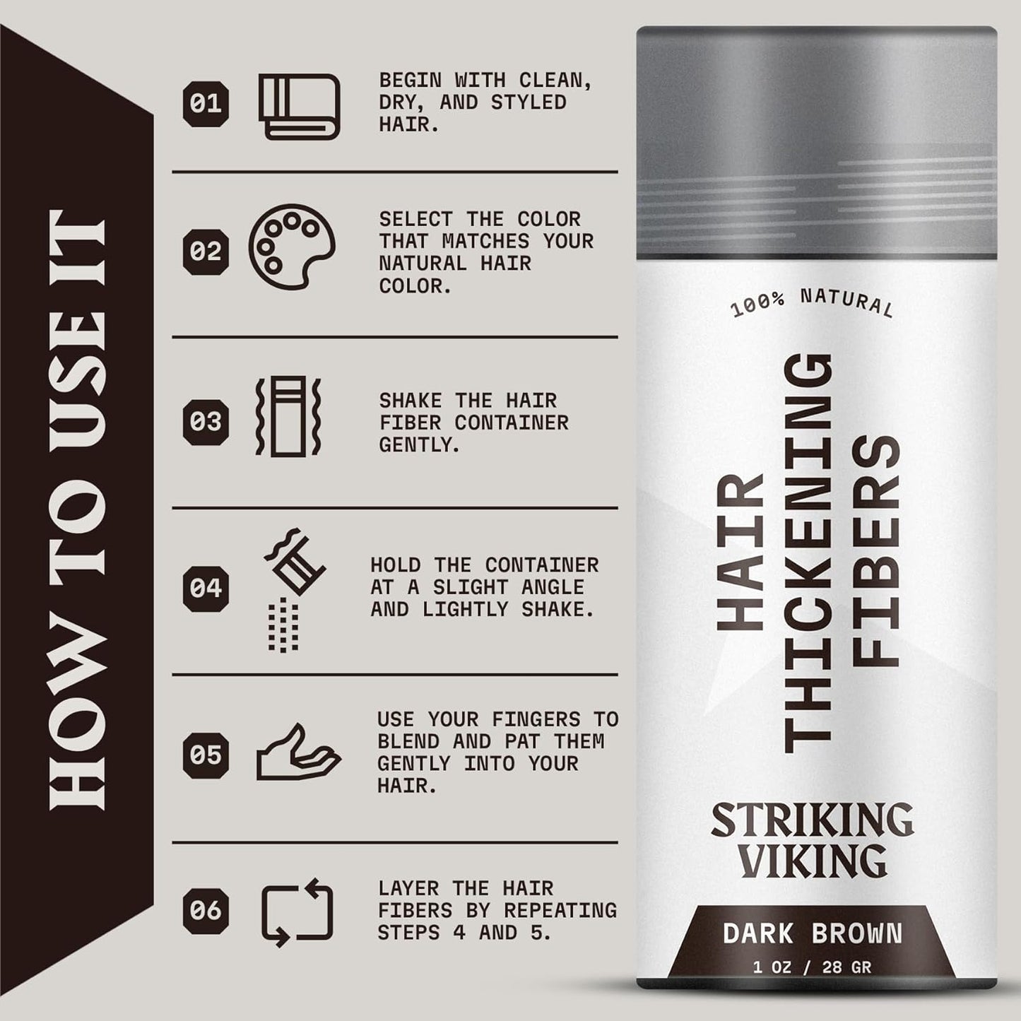 Striking Viking Hair Fibers - Dark Brown, 0.98 oz, Pack of 1 - Long-Lasting Hold & Hair Filler - Undetectable Coverage with Fiber Powder - Easy Application & Styling Powder