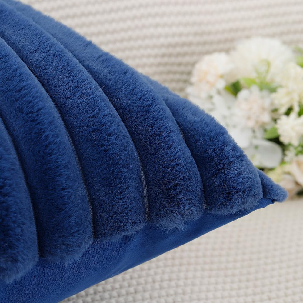 MADIZZ Set of 2 Faux Wool Plush Decorative Throw Pillow Covers 18x18 Inch Blue Fluffy Striped Soft Decorative Cushion Cover for Sofa Bedroom Pillow Shell