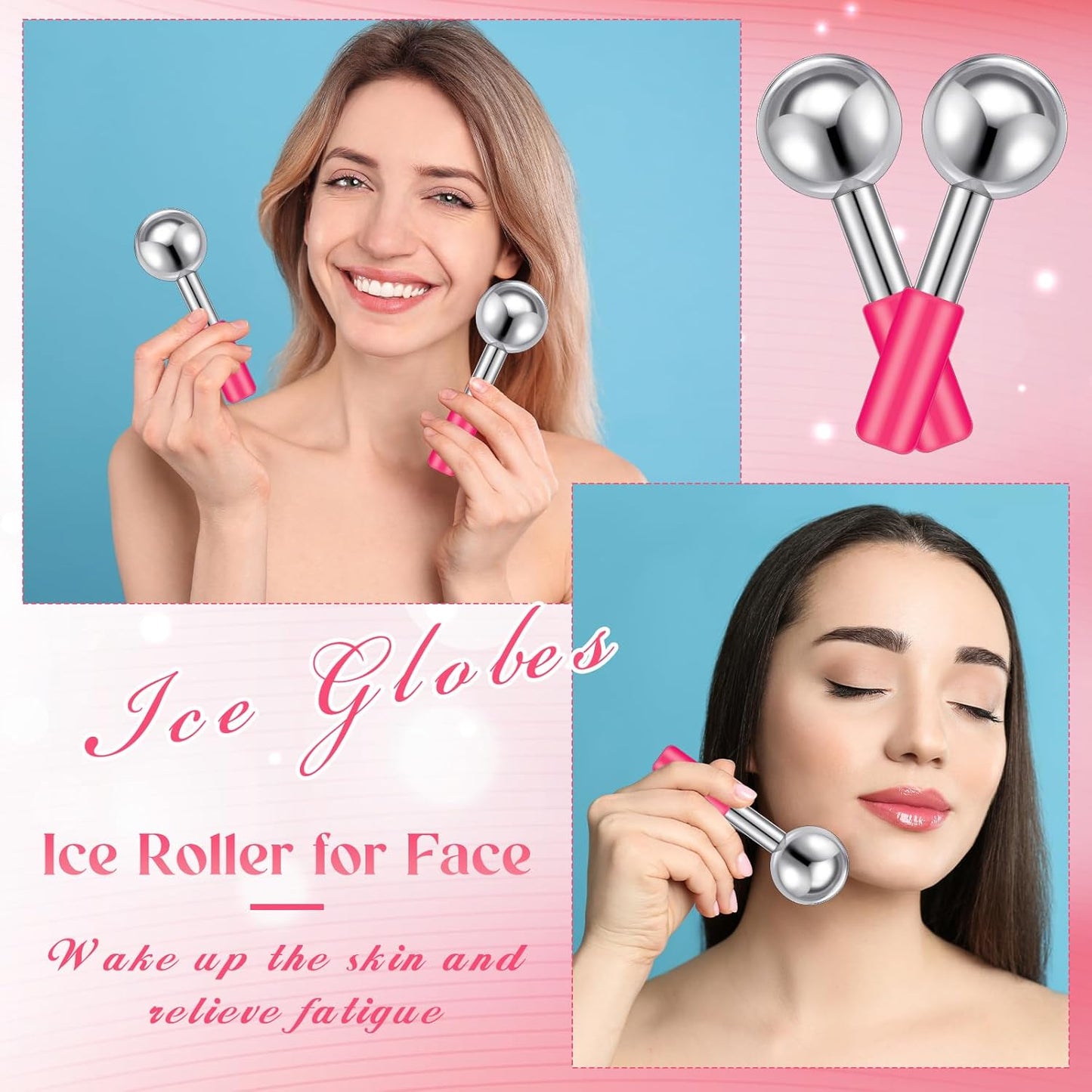 Baderke 2 Pcs Ice Globes for Face Stainless Steel Cooling Globes Unbreakable Cooling Roller Women Ice Balls Cryo Sticks Face Skin Care for Dark Circles, Puffiness(Silver (pink Handle))