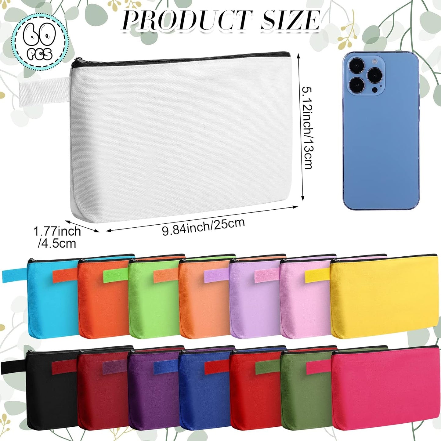 Reginary 60 Pieces Canvas Makeup Bags Bulk Cute Travel Cosmetic Pouch Multipurpose Blank Small Toiletry Bag DIY with Zipper for Women Teens Operation Christmas Gifts Items, 15 Colors(9.8 x 5 x 2 Inch)