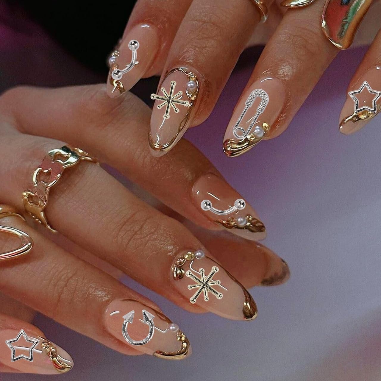 120pc Gold Star Nail Charms, Star Rivets Planet Vintage Gothic Retro Punk Crosses Alloy Nail Art Decoration C