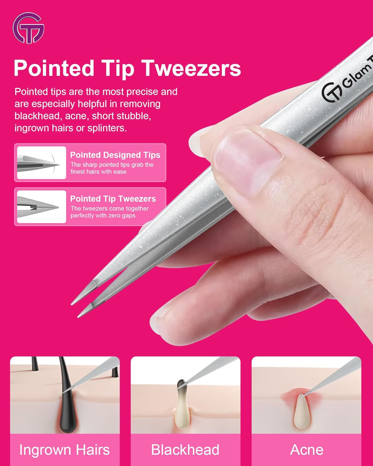 Expert Slant and Point Tip Tweezer Set with Exclusive Storage & Carrying Case, GlamTweeler Sharp & Precision Tweezer Set for Eyebrows, Facial Hairs & Fine Hairs Removal (Sparkle Royal Blue + Silver)