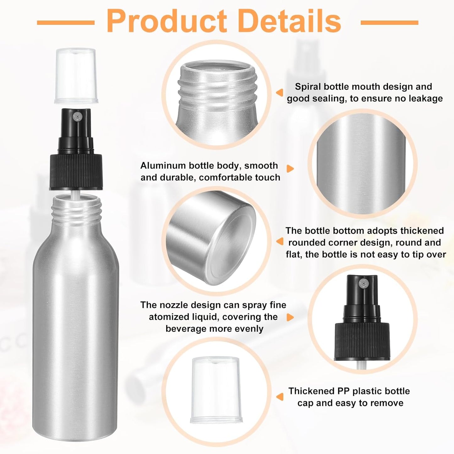 HARFINGTON 3pcs Aluminum Fine Mist Spray Bottles 100ml/3.4oz Metal Small Liquid Alcohol Refillable Travel Container with Black Plastic Nozzle Cap for Perfume Skincare Cosmetic Storage Bottle
