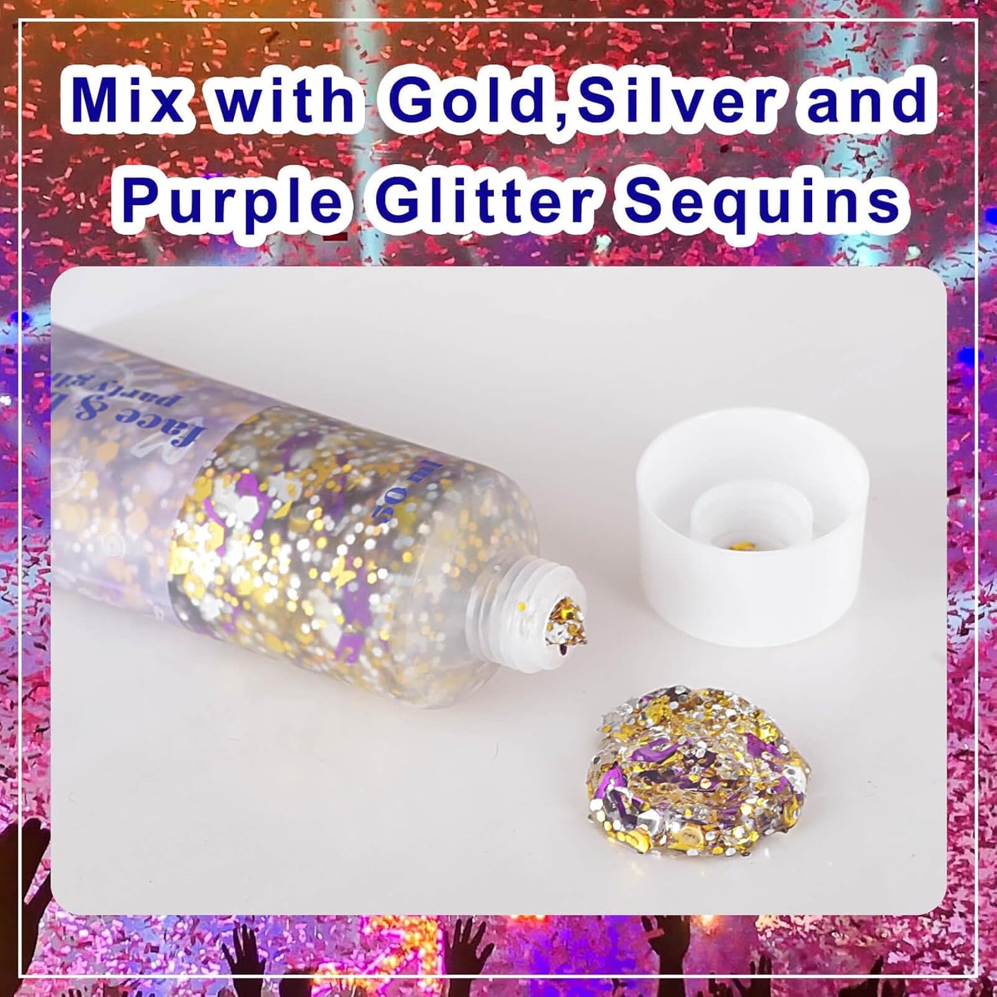MEICOLY Face Glitter Makeup for Music Festival,Country Concert Outfits for Women,Gold Silver Purple Body Glitter,Music Festival Country Concert Accessories,Glitter Face Paint for Music Festival,50ml