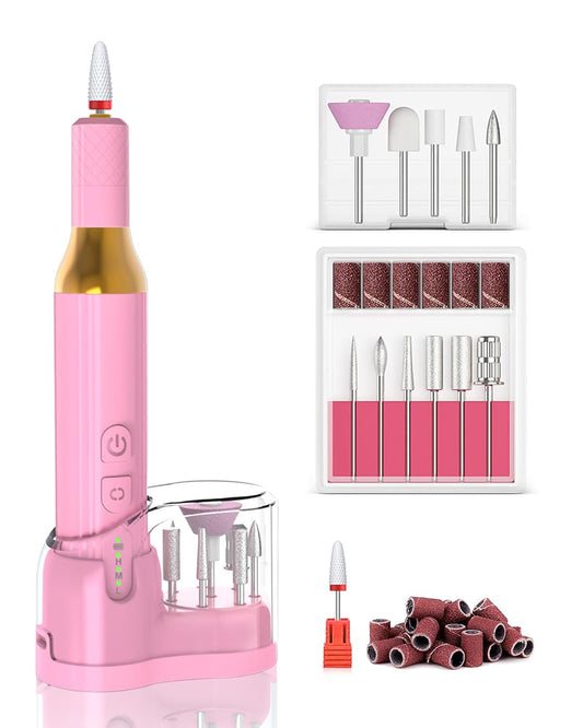 Electric Cordless Nail Drill Portable Nail Drill Machine for Gel Acrylic Nails, Rechargeable Nail File for Home Salon Electric Nail File Pink