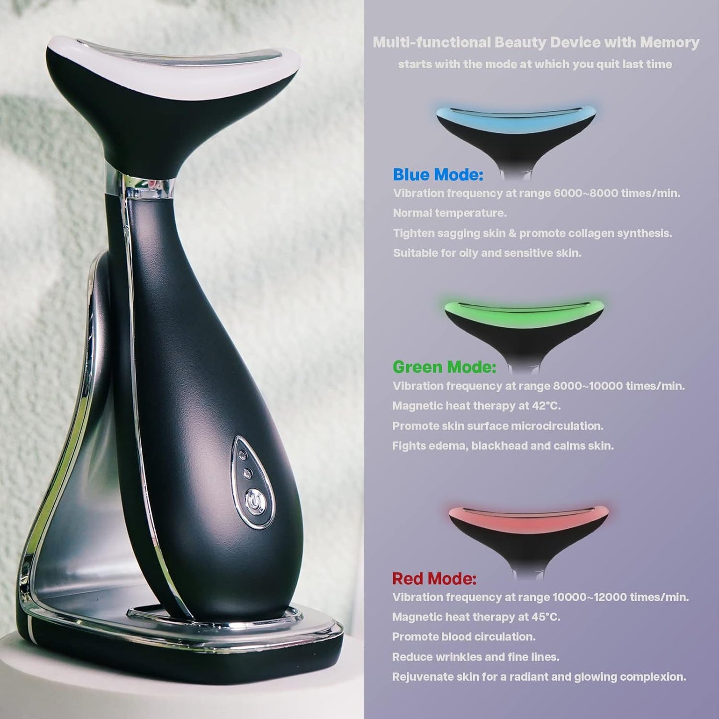 Lily Neck Face Massager, Face Sculpting Tool, Skin Rejuvenation Device with Thermal, Triple Action LED and Vibration, for Anti-Aging, Lifting and Tightening Sagging Skin (Frosted Black)