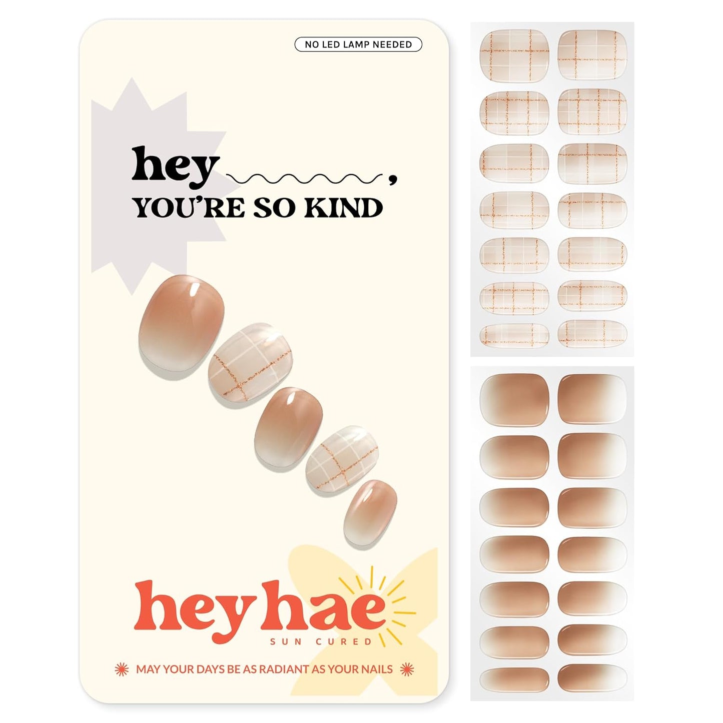 Semi Cured Gel Nail Strips | No LED Lamp Needed | Ombre, Beige, Brown | Easy Apply & Remove, Salon Quality | Includes 28 Strips, 1 Prep Pads, Nail File & Wooden Stick - Hey, You're So Kind