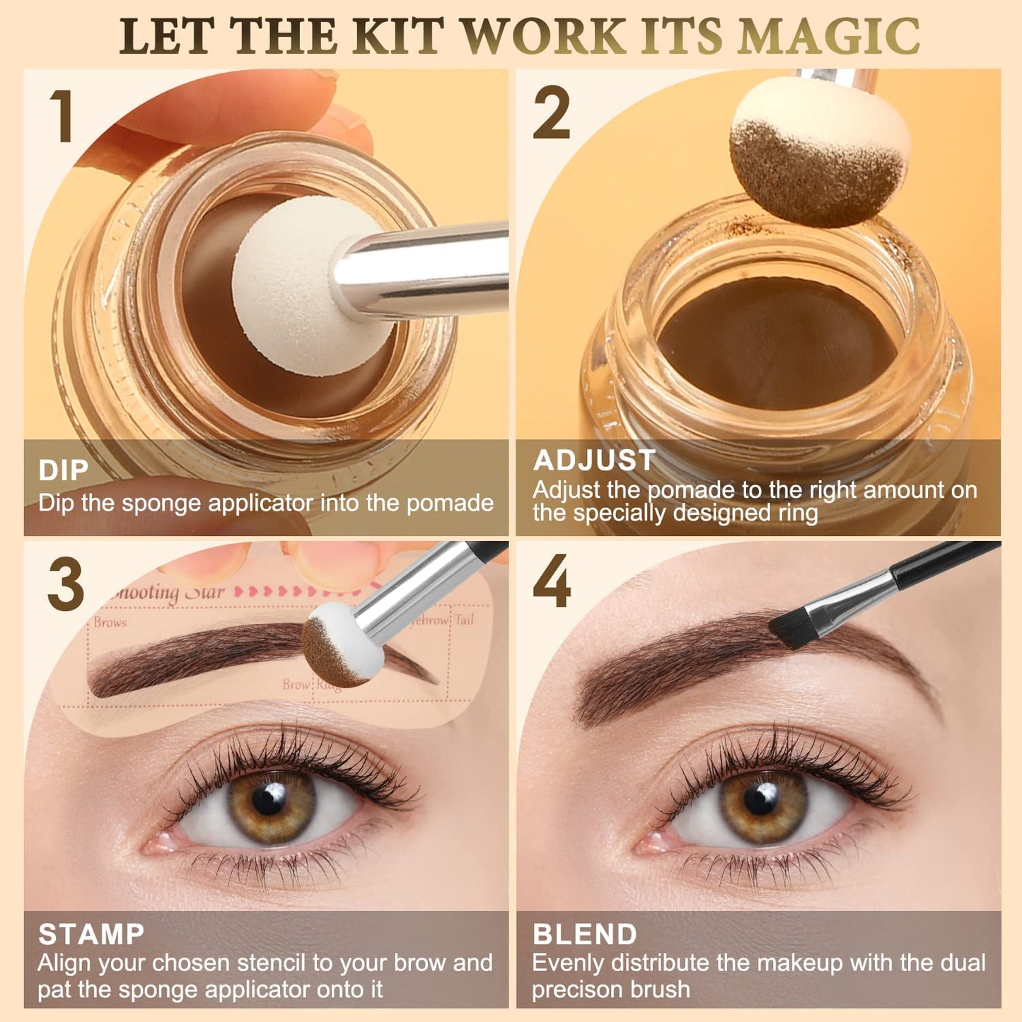 LAVONE Eyebrow Stamp Stencil Kit, Brow Stamp Trio Kit with Waterproof Eyebrow Pencil, Eyebrow Pomade, 20 Eyebrow Stencils, Dual-ended Eyebrow Brush and Sponge Applicator - Dark Blonde