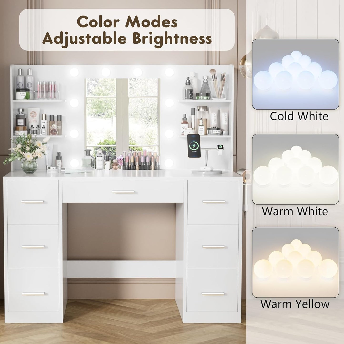 YESHOMY Vanity Desk with Mirror, Power Outlet and 10 Lights, Makeup Table with 7 Drawers, 3 Color Modes Available for Bedroom, Pure White